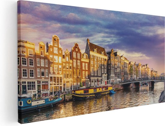 Artaza Canvas Schilderij Amsterdamse Gracht In De Nacht Met Sterren - 60x30 - Foto Op Canvas - Canvas Print