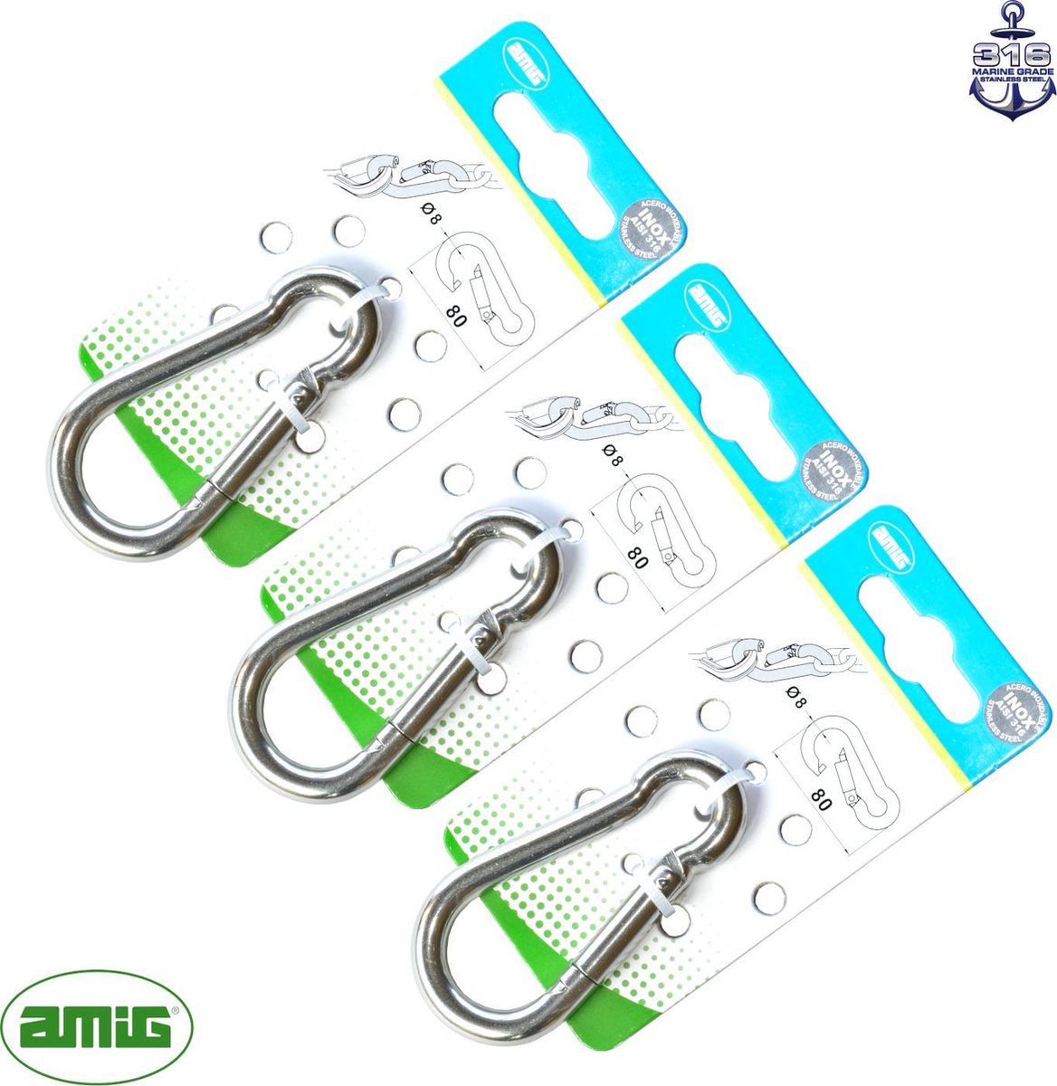 AMIG Karabijnhaak Set 8x80mm - 3 Stuks AISI 316 RVS voor Industriële Toepassingen