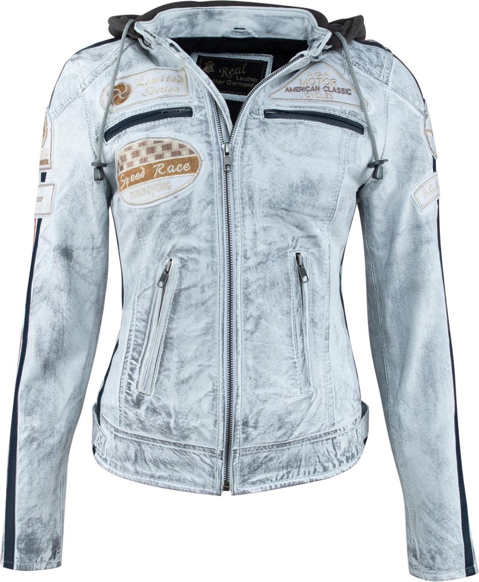 Urban 5884® - 66 - Dames jas - Biker jack - Lams leren jas - Afneembare Hoodie - Craft Grijs -Maat 4XL