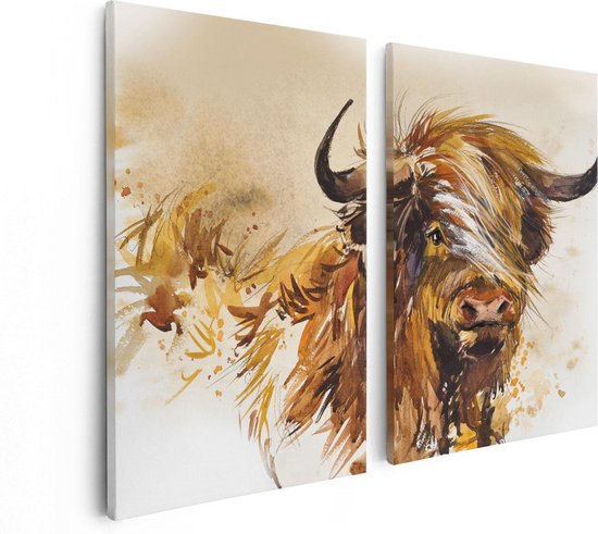 Artaza Canvas Schilderij Tweeluik Schotse Hooglander Koe - Abstract - 80x60 - Foto Op Canvas - Canvas Print