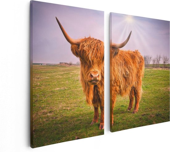 Artaza Canvas Schilderij Tweeluik Bruine Schotse Hooglander Koe - Kleur - 80x60 - Foto Op Canvas - Canvas Print