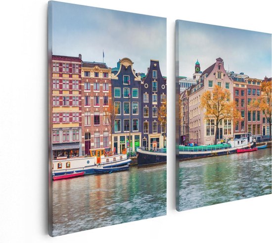 Artaza Canvas Schilderij Tweeluik Amsterdamse Huisjes Vanaf De Gracht - 80x60 - Foto Op Canvas - Canvas Print