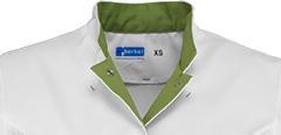 Witte Berkel zorgjas met groene kraag en XS-label.