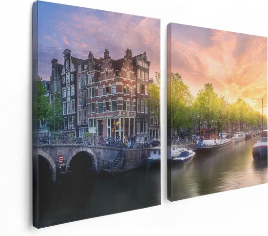 Artaza Canvas Schilderij Tweeluik Amsterdamse Grachten  - 120x80 - Foto Op Canvas - Canvas Print