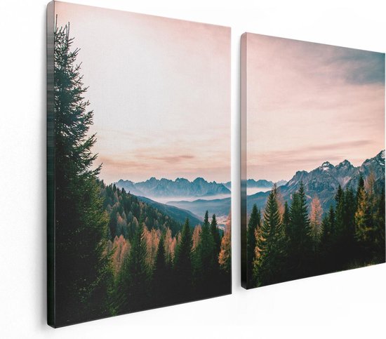 Artaza Canvas Schilderij Tweeluik Bos Met Bomen Bij Bergen Landschap - 120x80 - Foto Op Canvas - Canvas Print