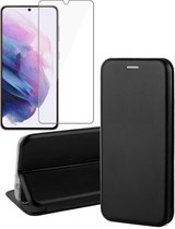 Samsung Galaxy S21 FE Hoesje - Book Case Lederen Wallet Cover Minimalistisch Pasjeshouder Hoes Zwart - Tempered Glass Screenprotector