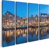 Artaza Canvas Schilderij Vierluik Amsterdamse Huisjes In De Avond Met Lichten - 80x60 - Foto Op Canvas - Canvas Print
