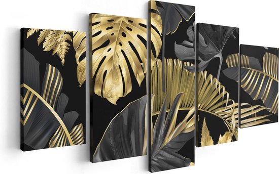Artaza Canvas Schilderij Vijfluik Gouden Tropische Bladeren - 100x50 - Foto Op Canvas - Canvas Print