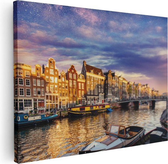 Foto: Artaza canvas schilderij amsterdamse gracht in de nacht met sterren 40x30 klein foto op canvas canvas print