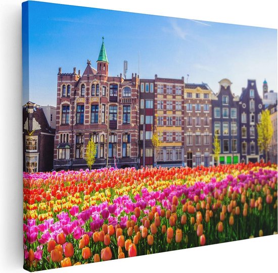 Artaza Canvas Schilderij Amsterdamse Huisjes Met Tulpen - Kleur - 40x30 - Klein - Foto Op Canvas - Canvas Print