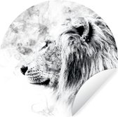 Papier Peint Cercle - Lion - Zwart - Wit - Ligne - 140x140 cm - Cercle Mural - Auto Adhésif - Autocollant Papier Peint Rond