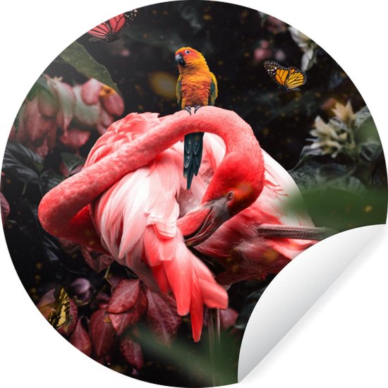 WallCircle - Muurstickers - Behangcirkel - Flamingo - Vlinders - Jungle - 50x50 cm - Muurcirkel - Zelfklevend - Ronde Behangsticker