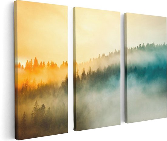 Artaza Canvas Schilderij Drieluik Kleurrijke Zonsopgang In Het Bos Met Mist - 120x80 - Foto Op Canvas - Canvas Print