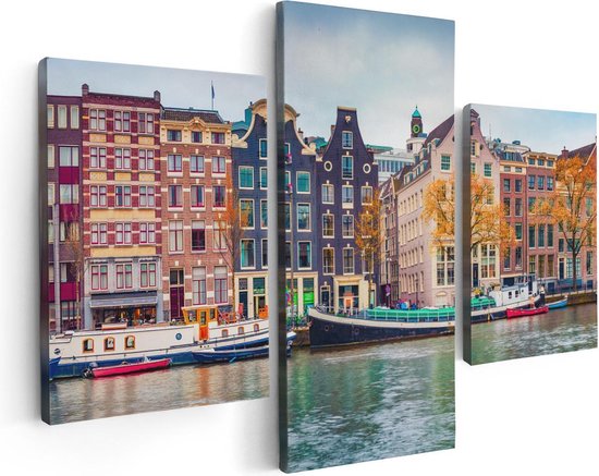 Artaza Canvas Schilderij Drieluik Amsterdamse Huisjes Vanaf De Gracht - 90x60 - Foto Op Canvas - Canvas Print