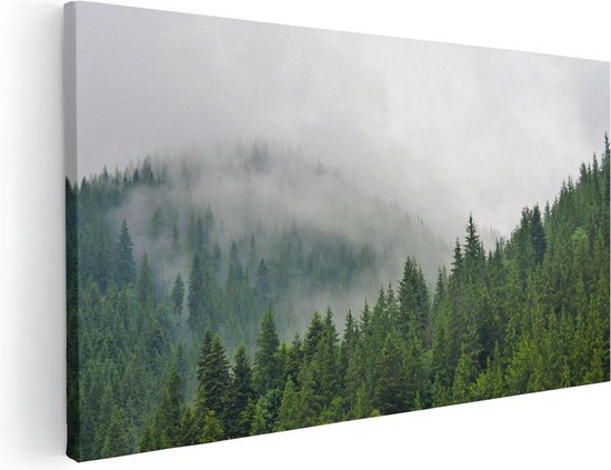 Artaza Canvas Schilderij Groen Bos Met Bomen Tijdens De Mist - 40x20 - Klein - Foto Op Canvas - Canvas Print