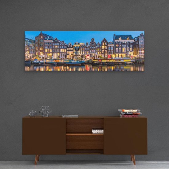 Artaza - Peinture sur toile - Maisons d'Amsterdam dans la soirée avec des lumières - 120x40 - Groot - Photo sur toile - Impression sur toile