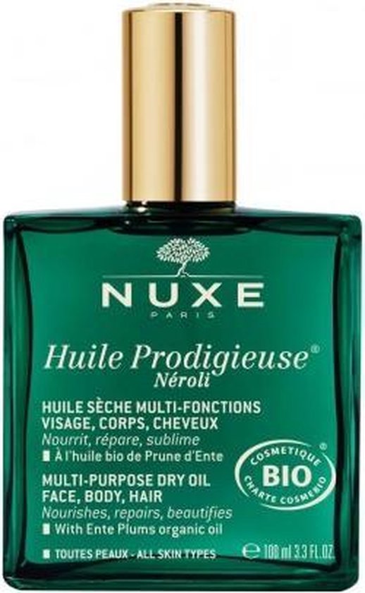 Groene Nuxe Huile Prodigieuse Néroli fles met gouden dop.