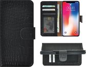 Hoesje iPhone X - Bookcase Hoesje - iPhone Xs Wallet Book Case Echt Leer Croco Zwart Cover