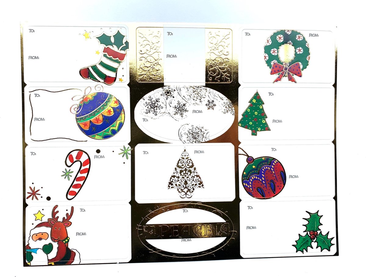 Kerstcadeau | Naam Labels | Stickers | Cadeau | Kerstmis | Kado | Gift Tags | Kerstbal | Krans | Boom Wit met Goud | 2 x 12 stickers