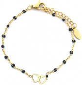 Armband met hartjes en zwarte kralen-goudkleurig-roestvrij staal-19-23 cm-Musthaves