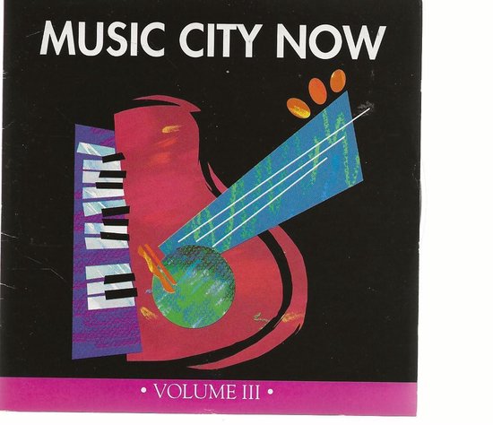 Zwarte hoes met de tekst 'MUSIC CITY NOW' en een rode gitaar met een pianoklavier.