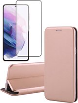 Hoesje geschikt voor Samsung Galaxy S21 FE - Book Case Lederen Wallet Cover Minimalistisch Pasjeshouder Hoes Roségoud - Full Tempered Glass Screenprotector