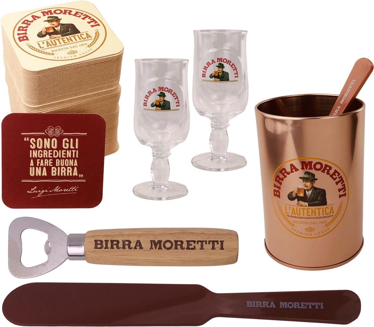 Birra Moretti Geschenk Pakket Bar Set Afschuimer 1x, 2x Bierglas 25cl, Viltjes 100x, Opener en een Afschuimhouderbak
