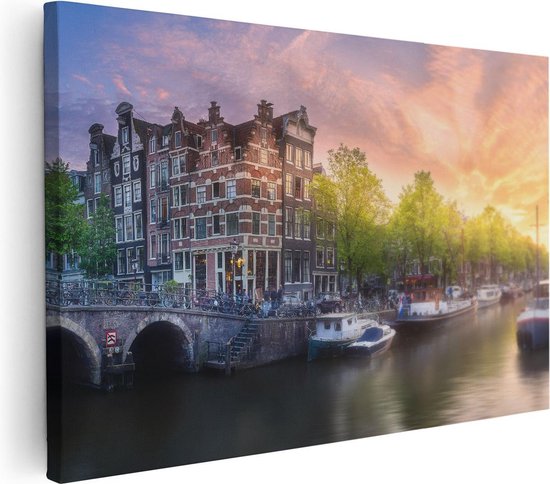 Artaza Canvas Schilderij Amsterdamse Grachten - 120x80 - Groot - Foto Op Canvas - Wanddecoratie Woonkamer