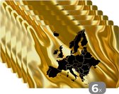 Placemat - Placemats kunststof - Landkaart Europa - Zwart - Goud - 45x30 cm - 6 stuks - Hittebestendig - Anti-Slip - Onderlegger - Afneembaar