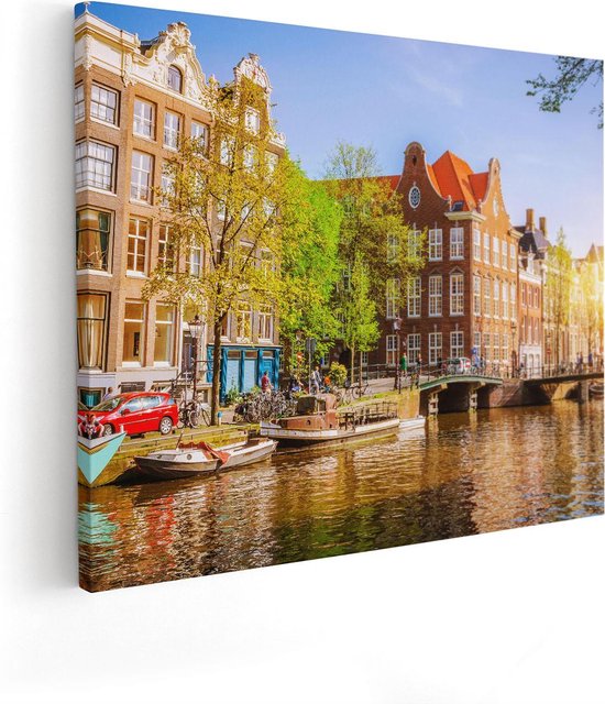 Artaza Canvas Schilderij Amsterdamse Gracht Tijdens Zonsondergang - 50x40 - Foto Op Canvas - Canvas Print