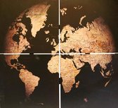 Wandbord | zwart met goud | met opdruk van globe, wereldkaart| 4 delen | hout