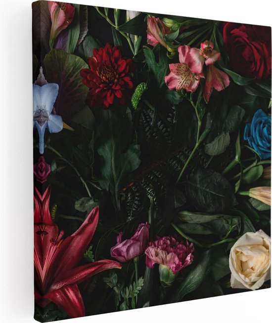 Artaza Canvas Schilderij Kleurrijke Bloemen Met Groene Bladeren - 90x90 - Groot - Foto Op Canvas - Canvas Print