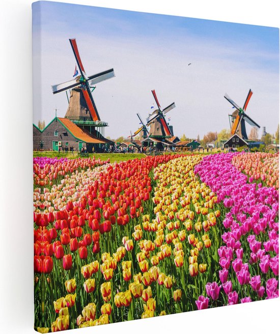 Artaza Canvas Schilderij Kleurrijke Tulpen Bloemenveld - Windmolen - 70x70 - Foto Op Canvas - Canvas Print