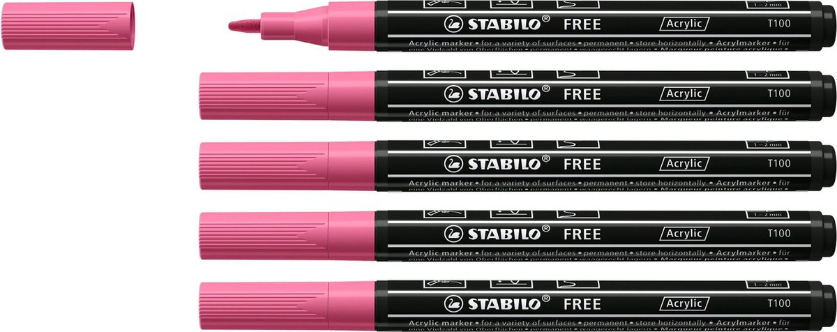 STABILO FREE - Acryl Marker - T100 - Ronde Punt - 1-2 mm - Taffy Roze - Doos 5 stuks
