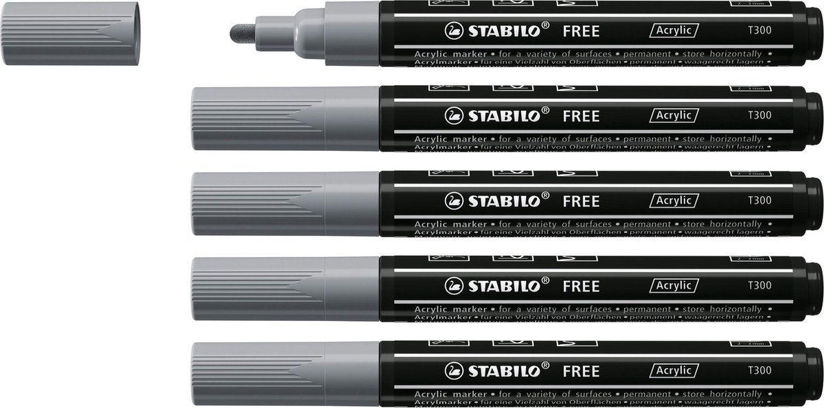 STABILO FREE - Acryl Marker - T300 - Ronde Punt - 2-3 mm - Donker Grijs - Doos 5 stuks