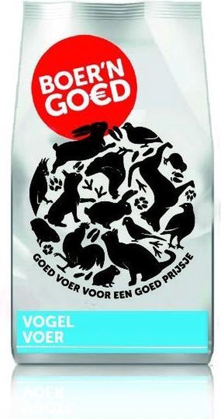 Vogelvoer zak van Boer'n Goed met een rode cirkel met 'BOER'N GOED' en silhouette van dieren in een cirkel.
