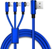 NÖRDIC USB2-105 Universele 3-in-1 USB oplaadkabel - Haakse connectoren - USB-C, Micro USB, Lightning - 1m - Blauw