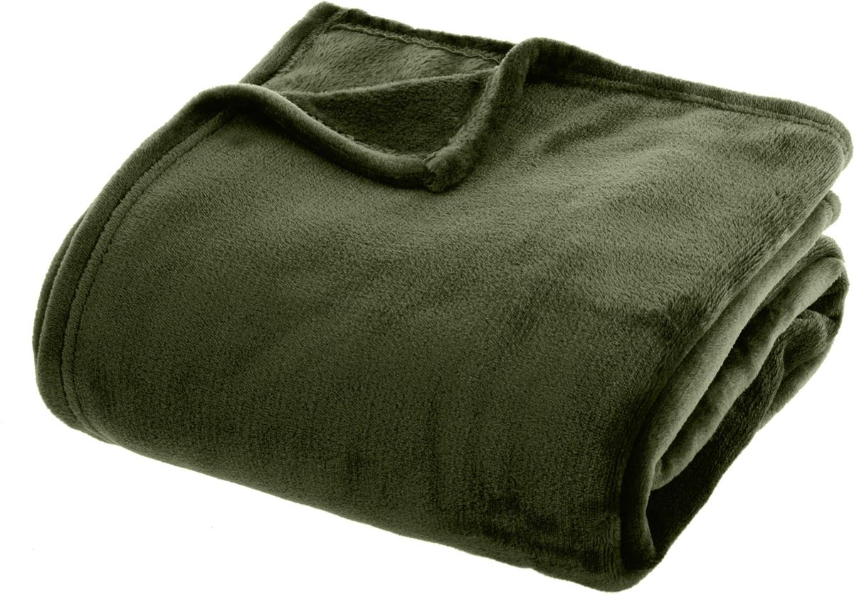Atmosphera Plaid effen flanel fleece deken - 180x230 cm - Kaki Groen