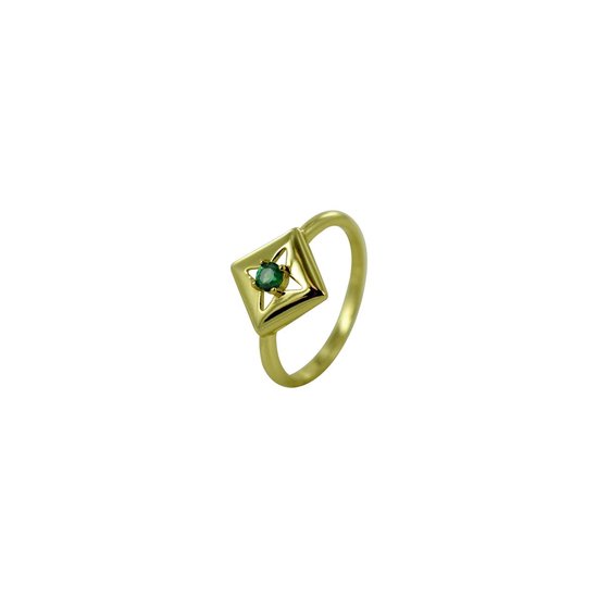 Silventi 9SIL-21530 Zilveren Ring - Dames - Ruit - 8,5 x 8,5 mm - Groen Agaat - Ster - Maat 52 - Zilver - Gold Plated (Verguld/Goud op Zilver)