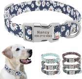 Custom Halsband Nylon ,Halsbanden Voor Kleine Medium Grote Honden -M (25-42 CM) Donkerblauw met witte bloemen
