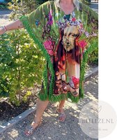 Gipsy Queen - Boho dress- One size - Ibiza Style - mona lisa da vinci Print - Groene Franjes - 100% Katoen