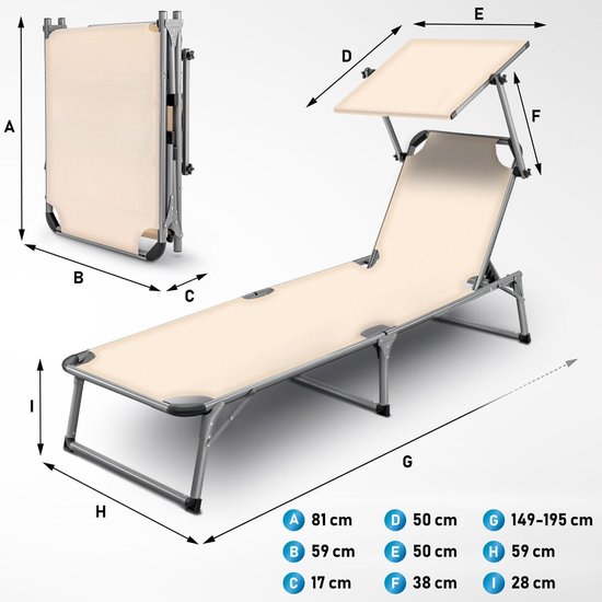 Tillvex - Aluminium ligstoel, Beige opvouwbaar met dak tuinstoel ligbed strandstoel camping