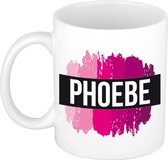 Phoebe  naam cadeau mok / beker met roze verfstrepen - Cadeau collega/ moederdag/ verjaardag of als persoonlijke mok werknemers