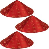 Set de 3x chapeau asiatique/chinois - Rouge - Caractères/lettres dorés - Chapeaux de costume de carnaval - Pour adultes/enfants