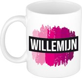 Willemijn  naam cadeau mok / beker met roze verfstrepen - Cadeau collega/ moederdag/ verjaardag of als persoonlijke mok werknemers