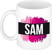 Sam  naam cadeau mok / beker met roze verfstrepen - Cadeau collega/ moederdag/ verjaardag of als persoonlijke mok werknemers