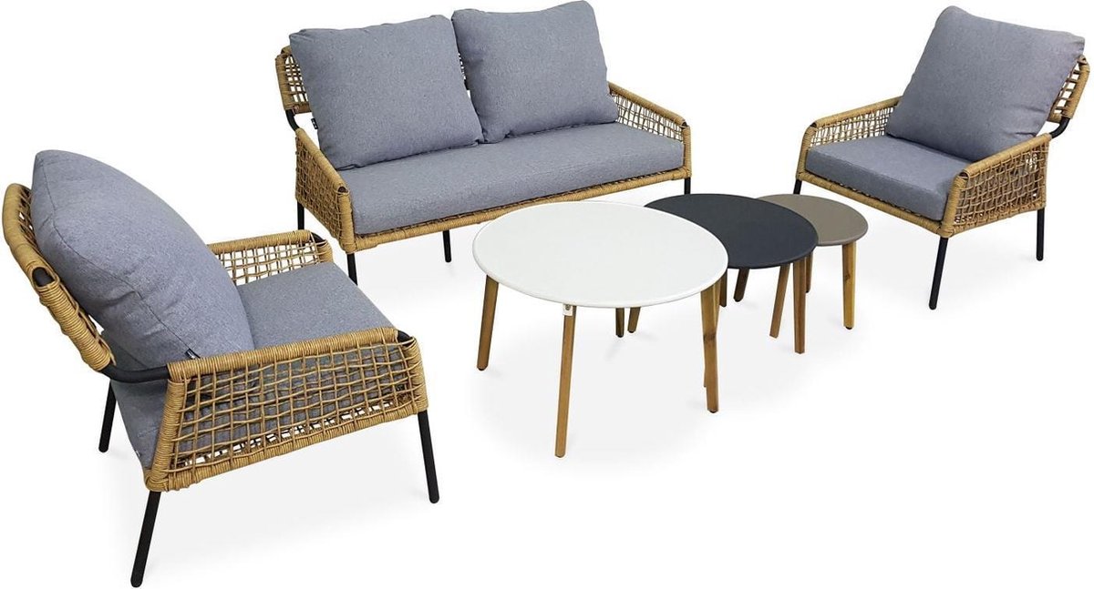 Lage loungeset 4 plaatsen Komodo – 2-persoonsbank en 2 stoelen met 3 bijzettaffeltjes - Wicker rotan-effect- Lichtgrijs gespikkeld