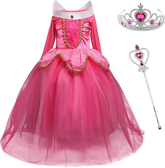 Prinsessenjurk - Roze - maat 134/140 (140) - Kroon - Toverstaf - Verkleedkleren Meisje - Carnavalskleding meisje - Cadeau meisje - Kleed - Verjaardag meisje