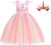 Carnavalskleding meisjes - Prinsessen verkleedkleding - Unicorn Jurk - Prinsessenjurk meisje - Eenhoorn - Unicorn Haarband - maat 98(100) - Verkleedkleren Meisje -