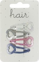 Haarspeldjes Klikklak 4.0cm Glitter met Hartvorm - Wit/Grijs/Roze/Blauw - 4 stuks